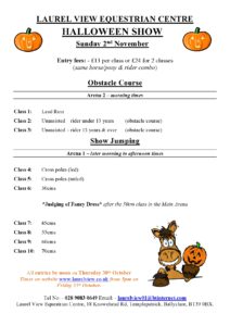Halloween Show - schedule of obstacle course & show jumping classes.